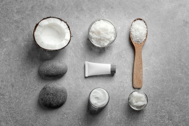 Photo of Composition with natural coconut scrub on grey background