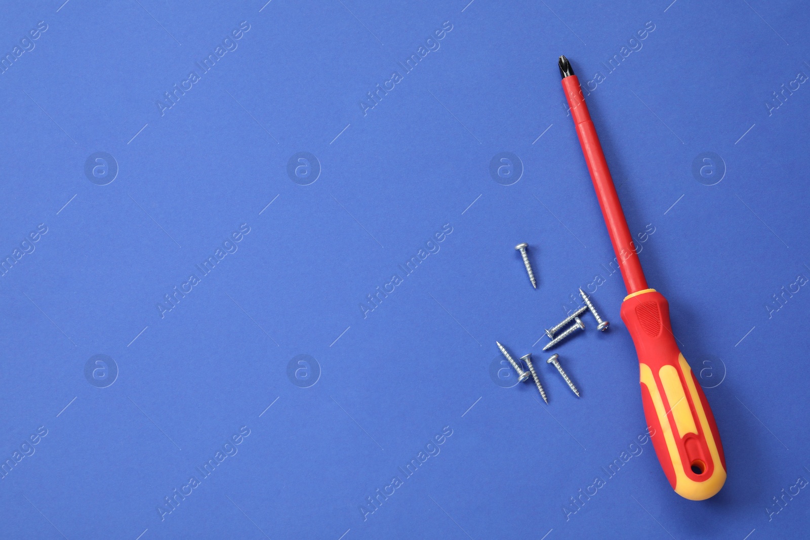 Photo of Screwdriver with red handle and screws on blue background, flat lay. Space for text