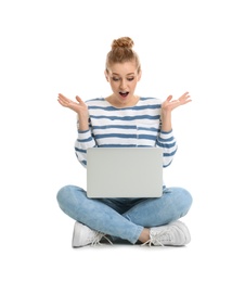 Photo of Emotional young woman with laptop isolated on white