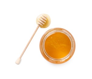 Photo of Tasty honey in glass jar and dipper isolated on white, top view