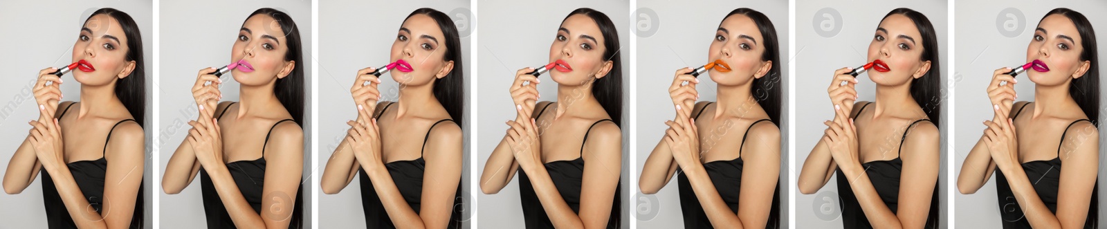 Image of Collage with photos of woman applying different beautiful lipsticks on light grey background. Banner design