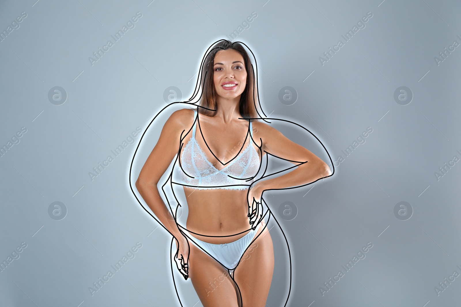 Image of Beautiful slim woman after weight loss on light grey background 