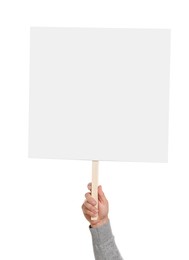 Man holding blank protest sign on white background, closeup