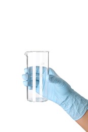 Photo of Scientist with laboratory beaker on white background, closeup