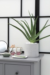 Beautiful potted aloe vera plant, cosmetic products and burning candles on chest of drawers indoors