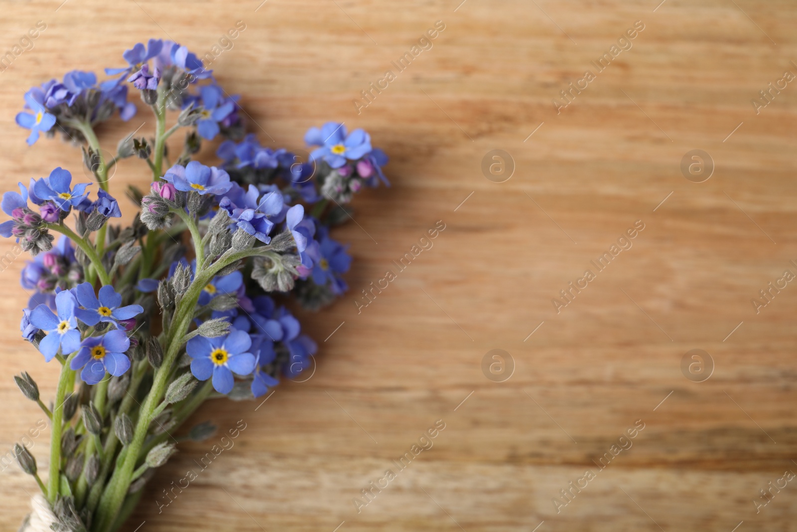 Photo of Beautiful blue forget-me-not flowers on wooden table, top view. Space for text