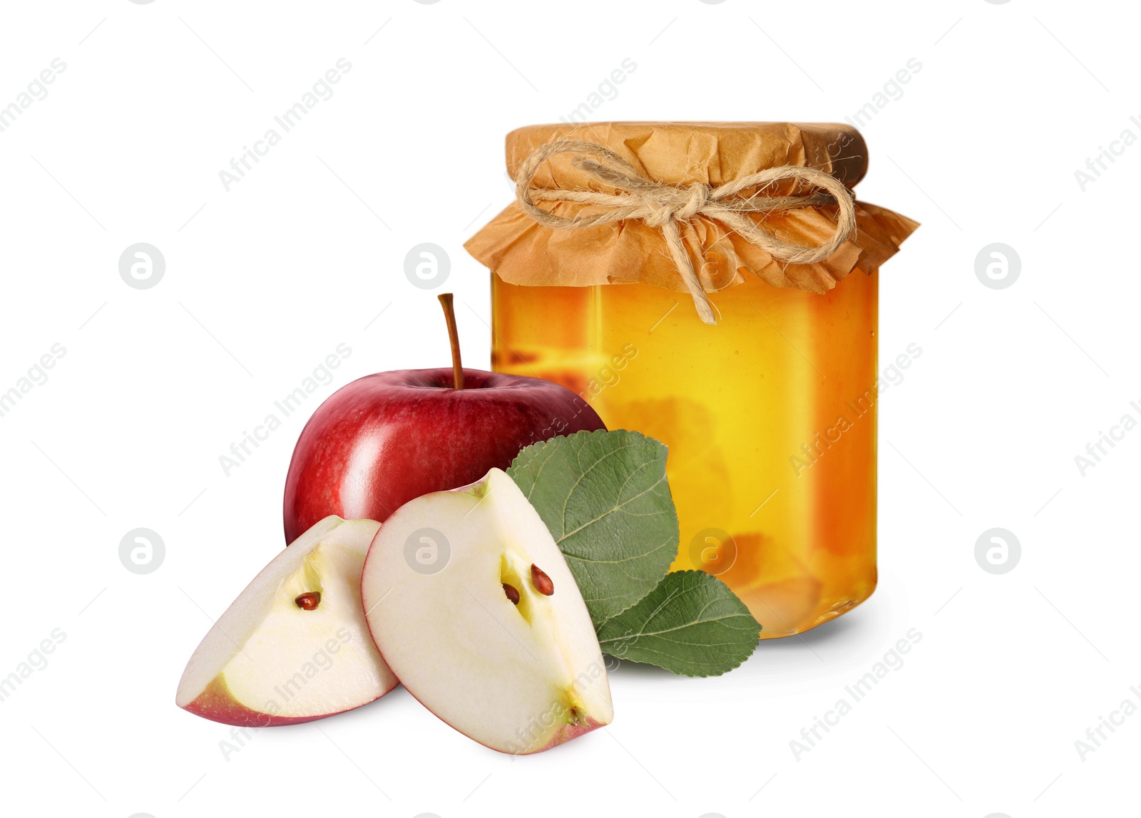 Image of Honey in glass jar and apples isolated on white