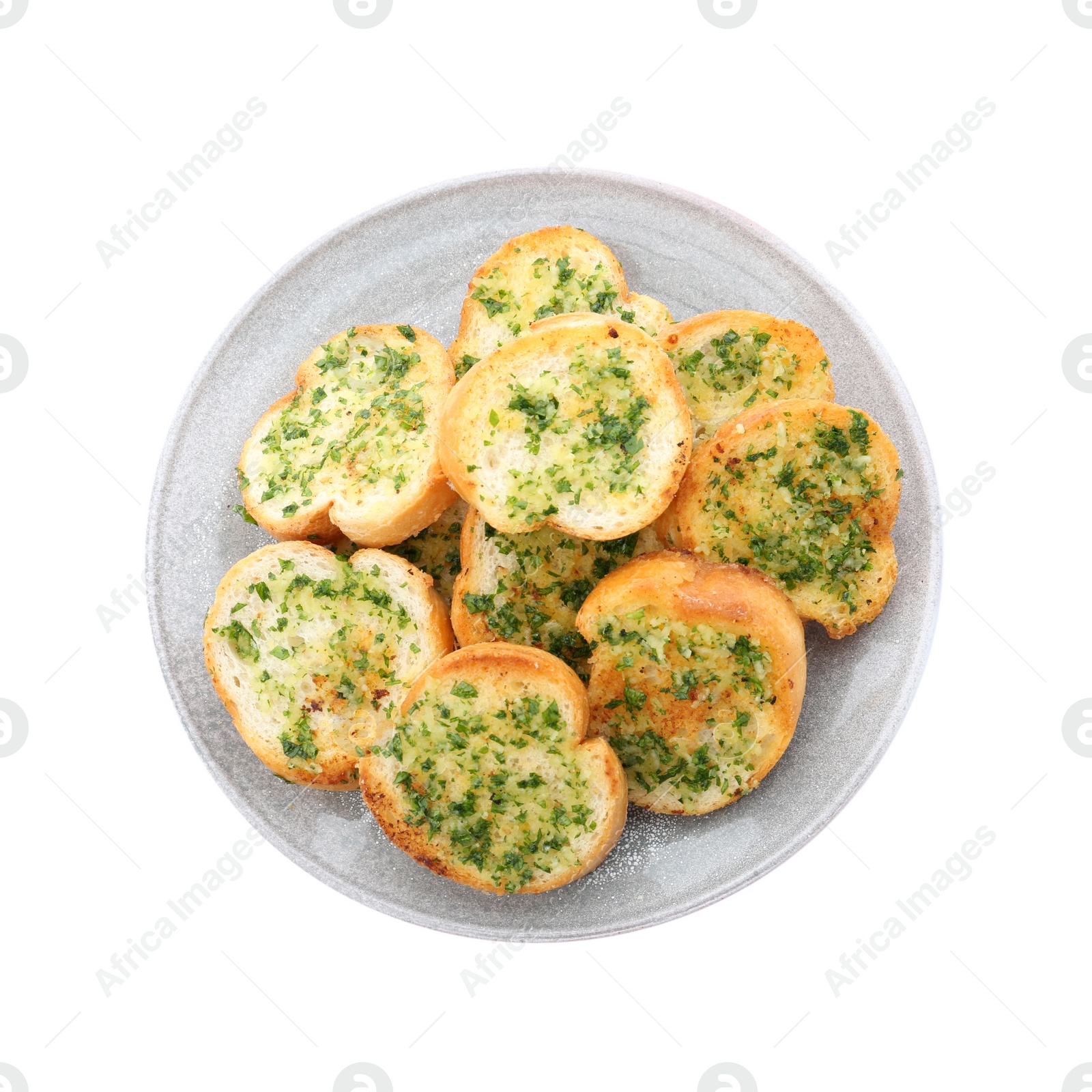 Photo of Slices of toasted bread with garlic and herbs on white background, top view