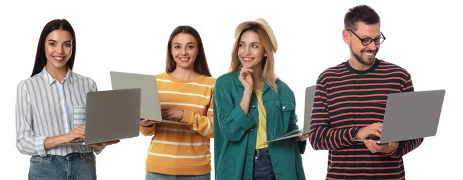 Image of Group of people with laptops on white background