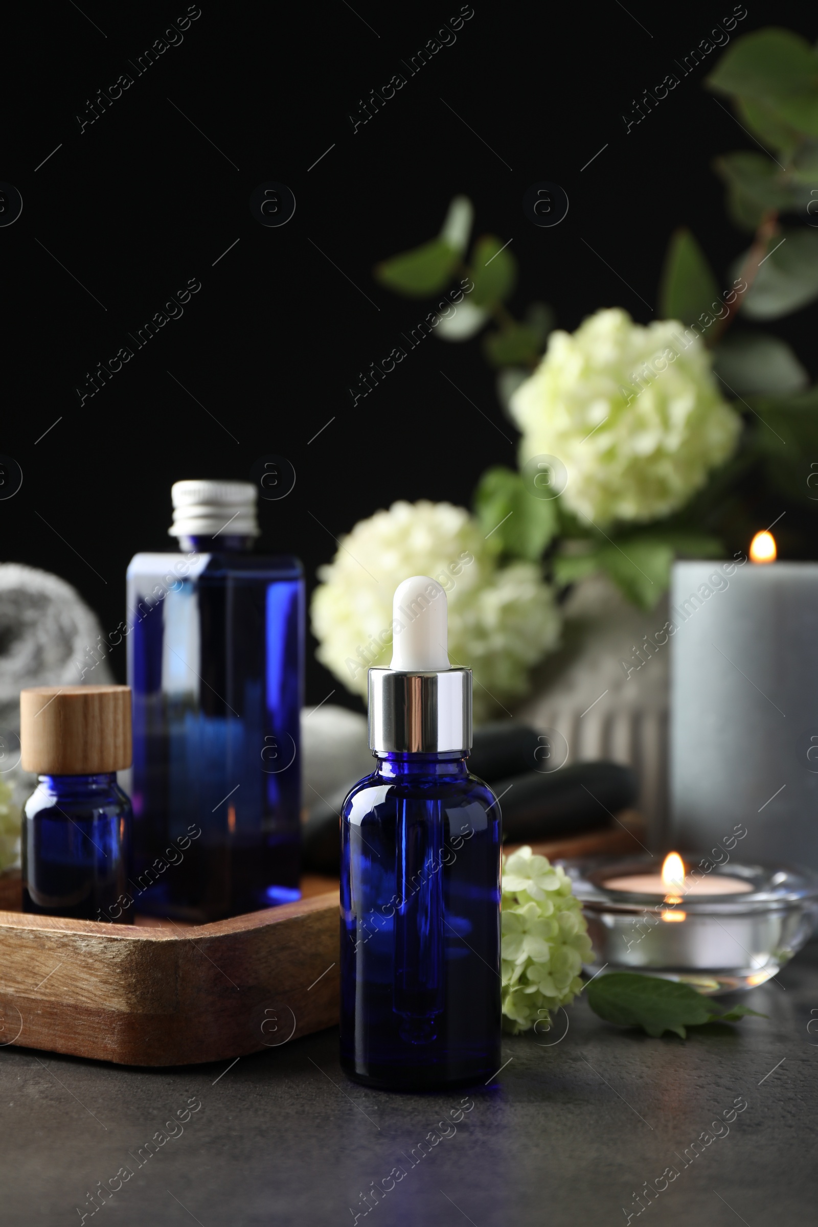 Photo of Spa composition. Cosmetic products, burning candles and hydrangea flowers on gray table against black background