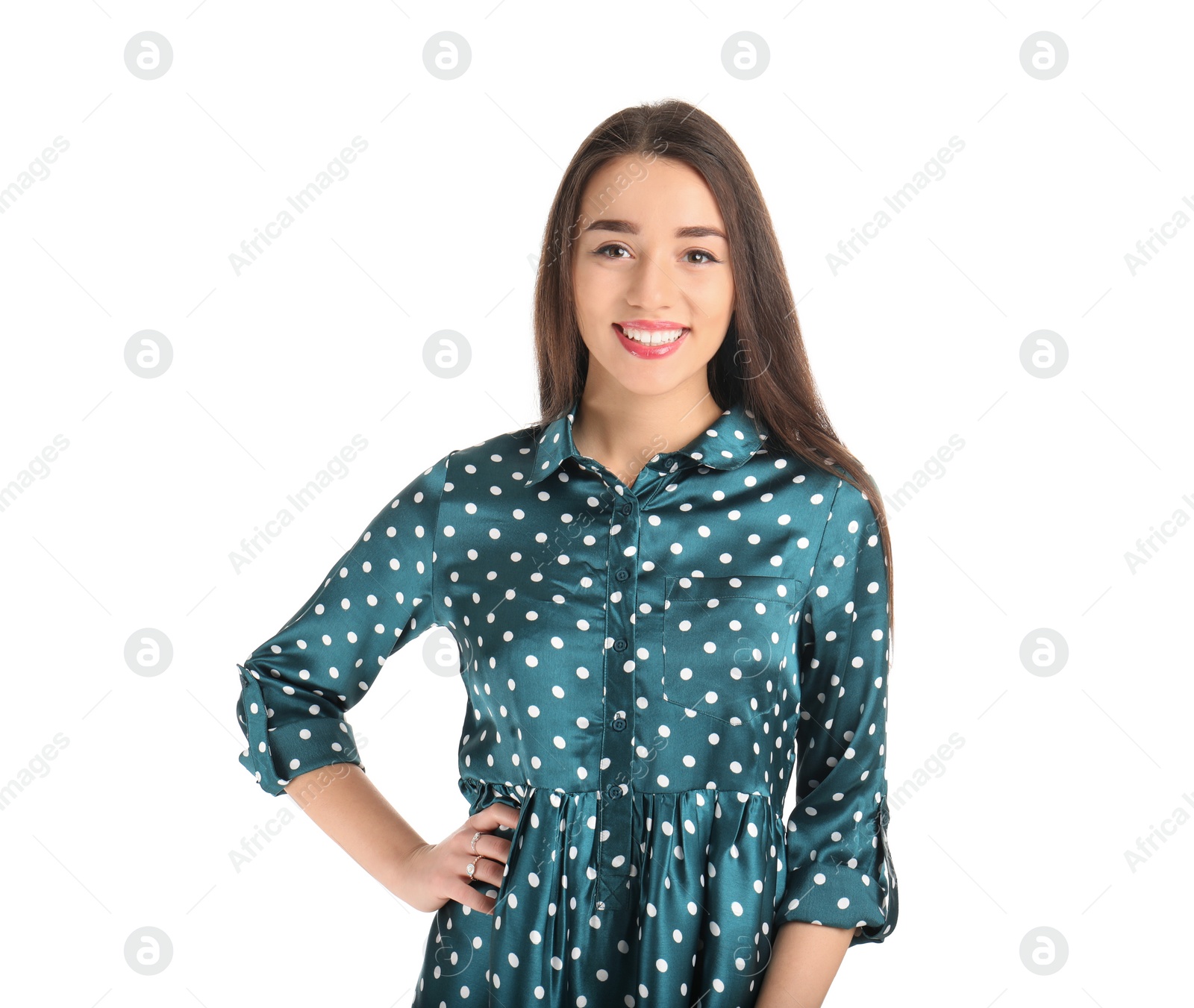 Photo of Portrait of beautiful young woman in stylish dress on white background