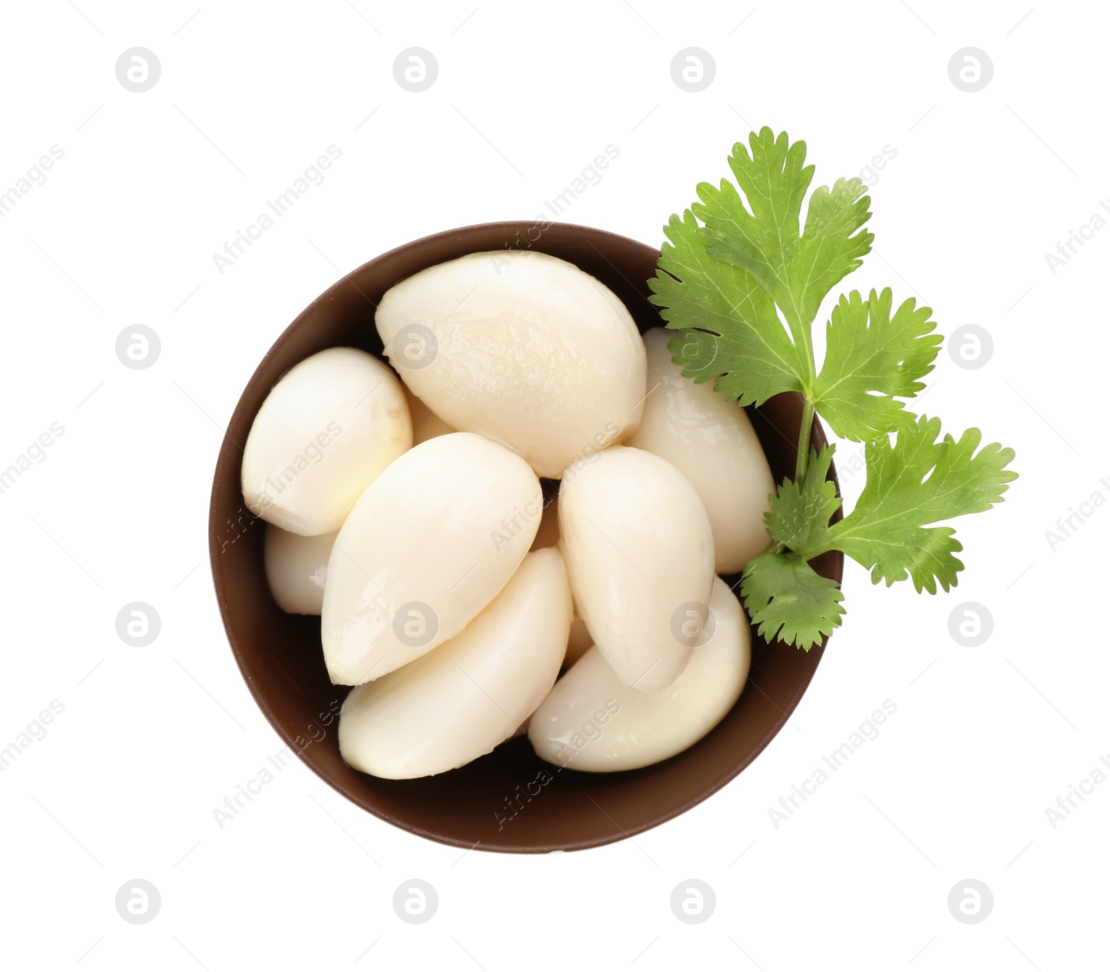 Photo of Bowl with preserved garlic and parsley on white background, top view