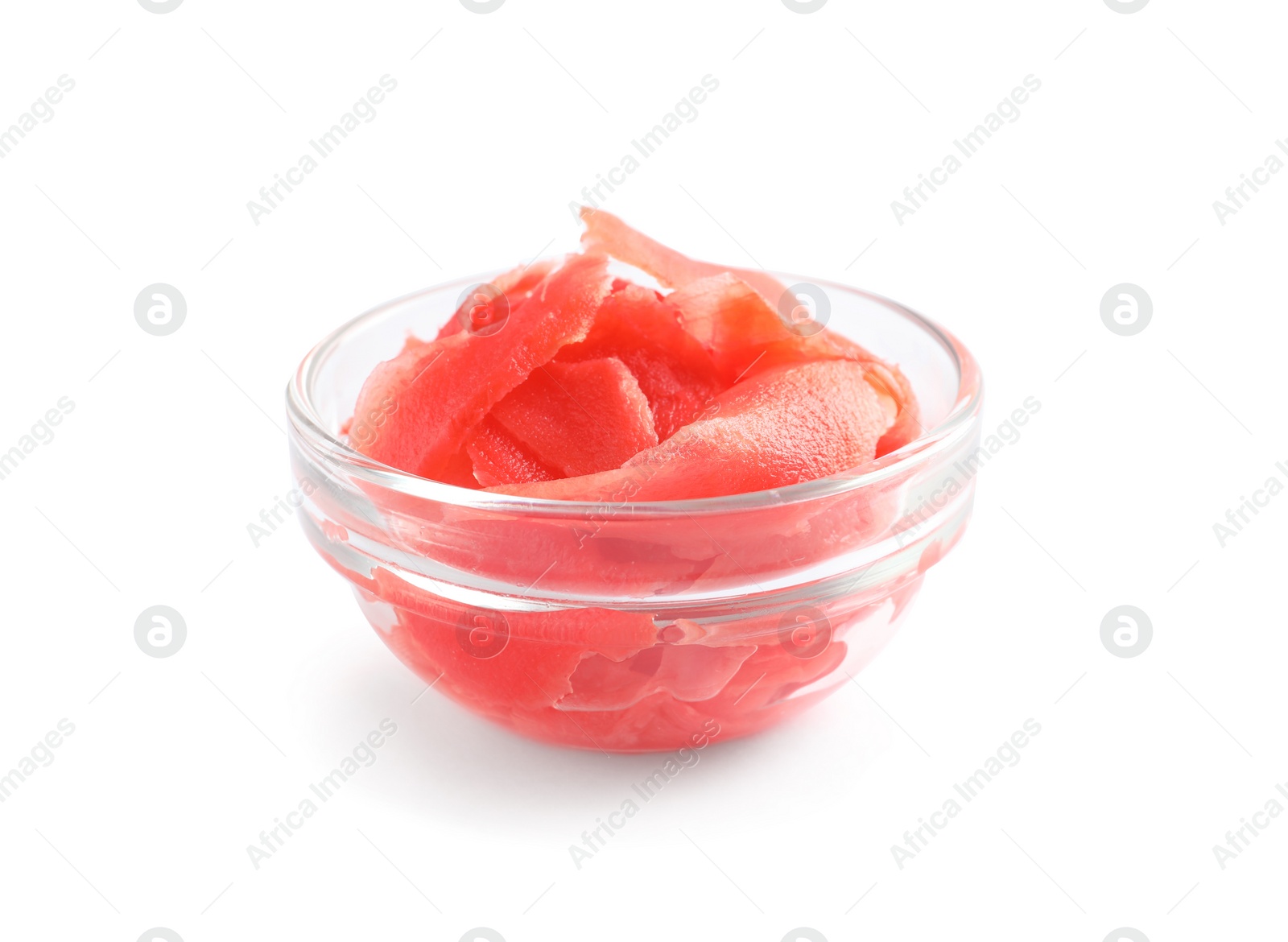 Photo of Piquant pickled ginger in bowl on white background.  Delicious sauce condiment