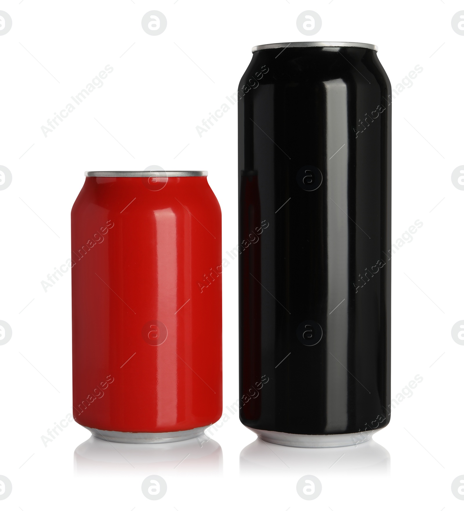 Photo of Aluminum cans with drinks on white background