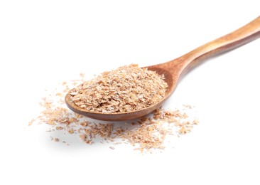 Photo of Wooden spoon with wheat bran on white background