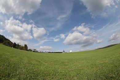 Photo of Beautiful lawn with green grass growing under blue sky. Fisheye lens