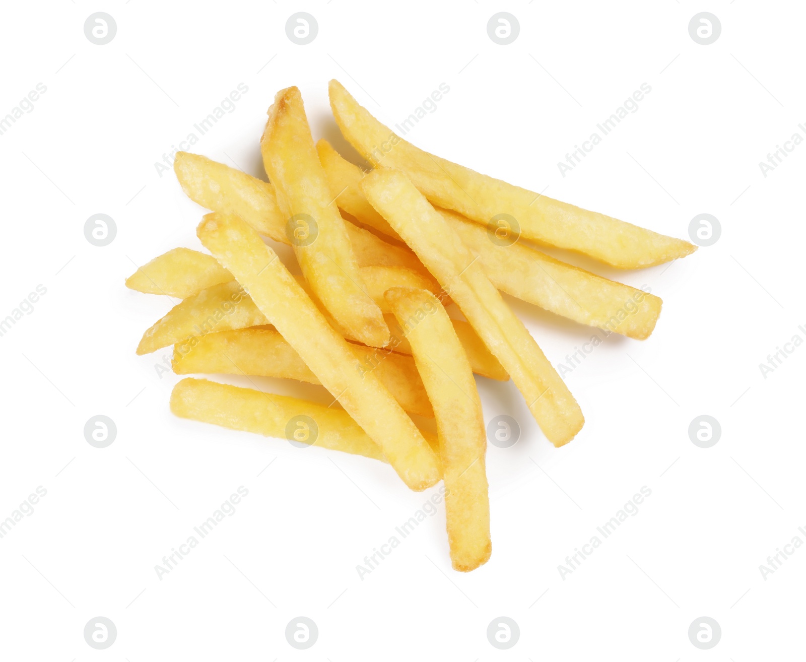 Photo of Delicious fresh french fries on white background, top view