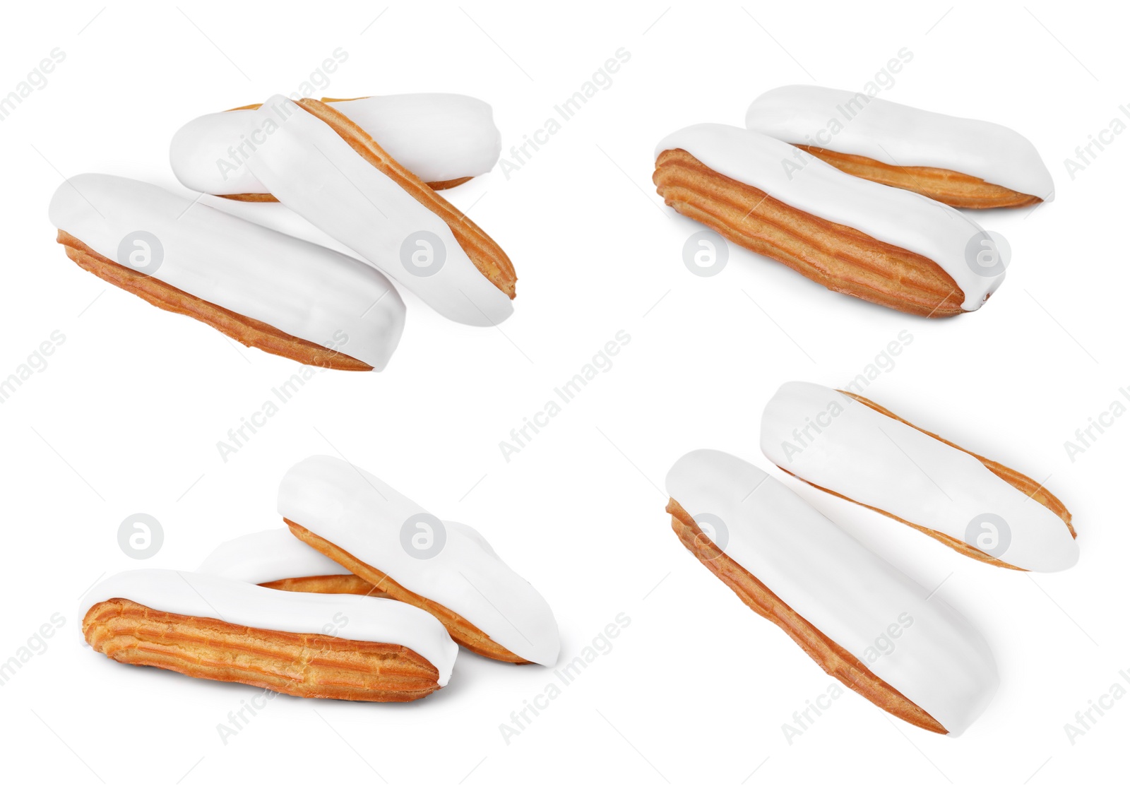 Image of Collage with tasty glazed eclairs on white background, top and side views