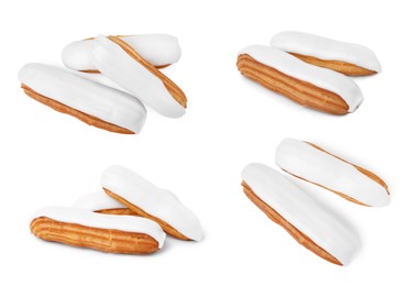 Image of Collage with tasty glazed eclairs on white background, top and side views