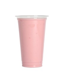 Photo of Plastic cup of tasty smoothie isolated on white