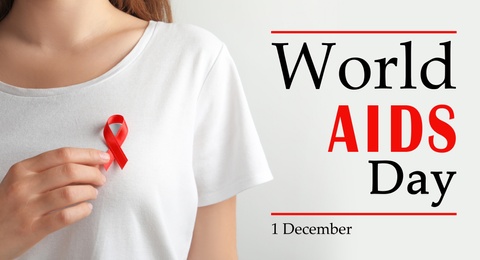 Image of World AIDS Day poster. Woman with red awareness ribbon and text on light background, closeup