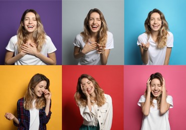 Collage with photos of beautiful woman laughing on different color backgrounds