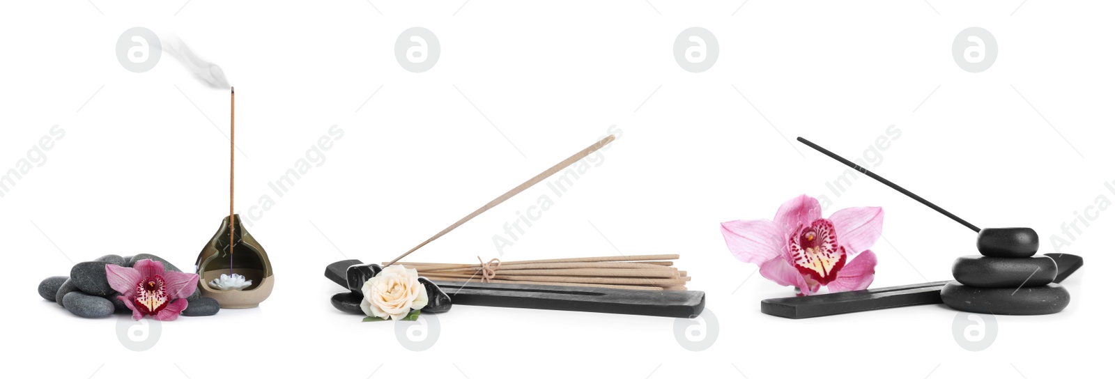 Image of Set with aromatic incense sticks on white background. Banner design