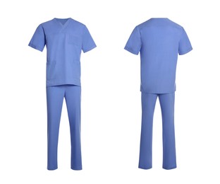 Image of Blue medical uniform isolated on white, collage with back and front views