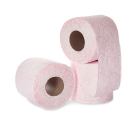 Photo of Color toilet paper rolls on white background