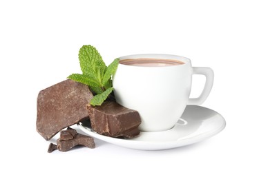 Photo of Cup of delicious hot chocolate, chunks and fresh mint on white background