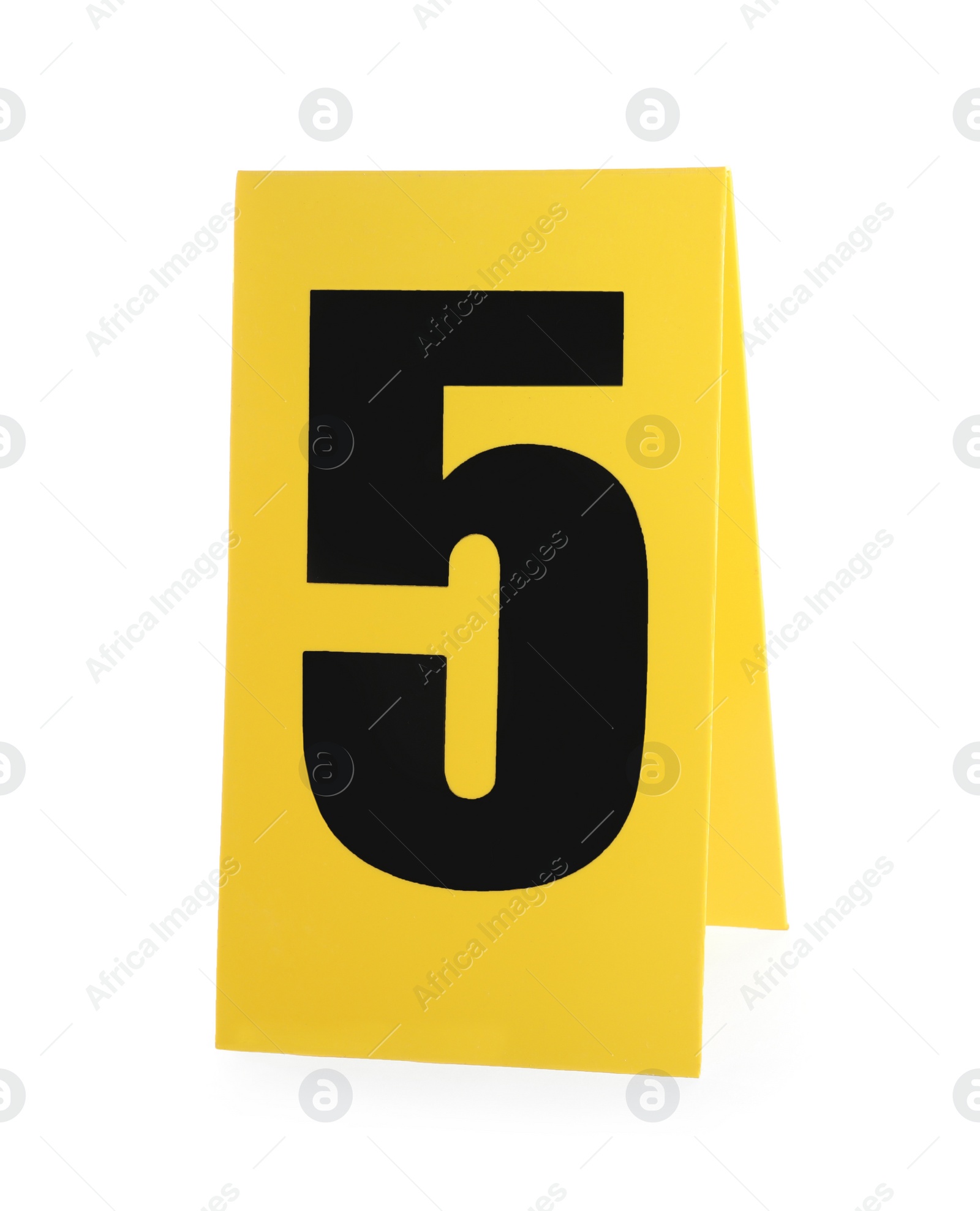Photo of Yellow crime scene marker with number five on white background
