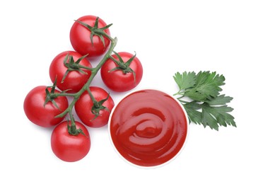 Photo of Bowl with tasty ketchup, parsley and fresh tomatoes isolated on white, top view