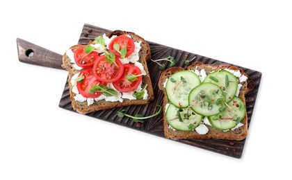 Photo of Delicious sandwiches with vegetables, microgreens and cheese on white background, top view