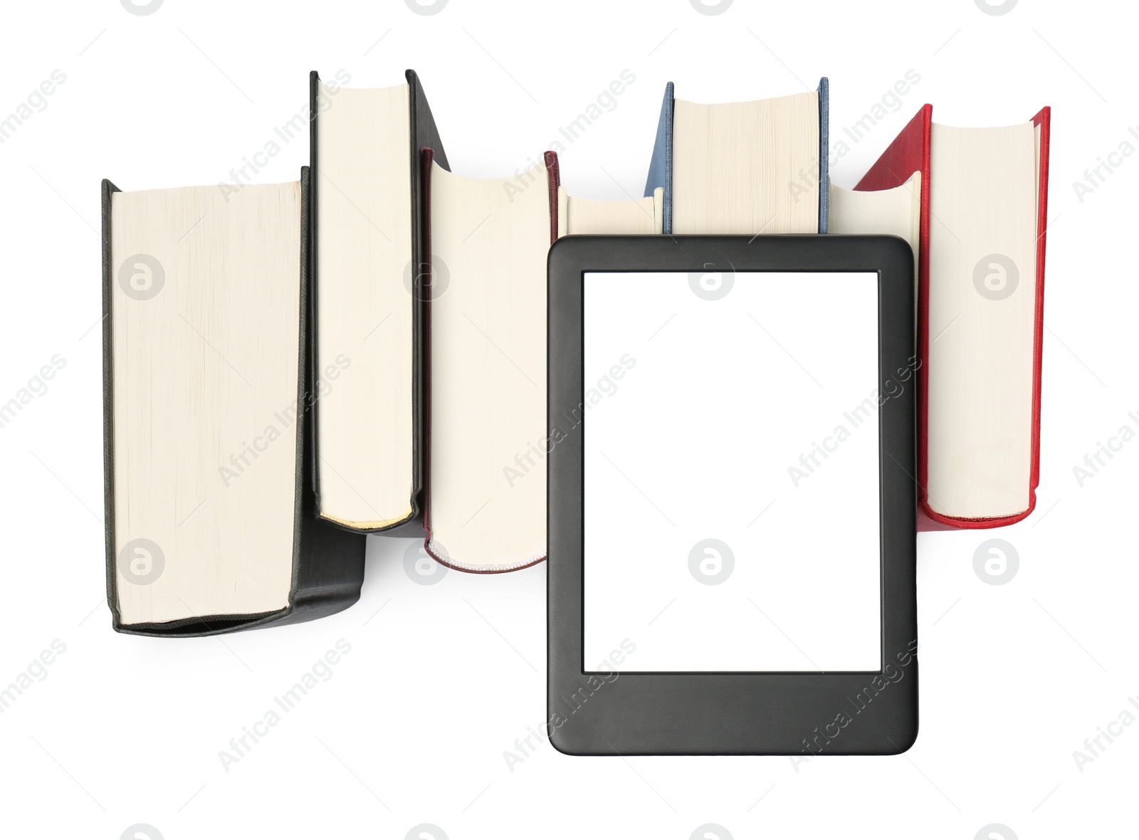 Photo of Hardcover books and modern e-book isolated on white, top view