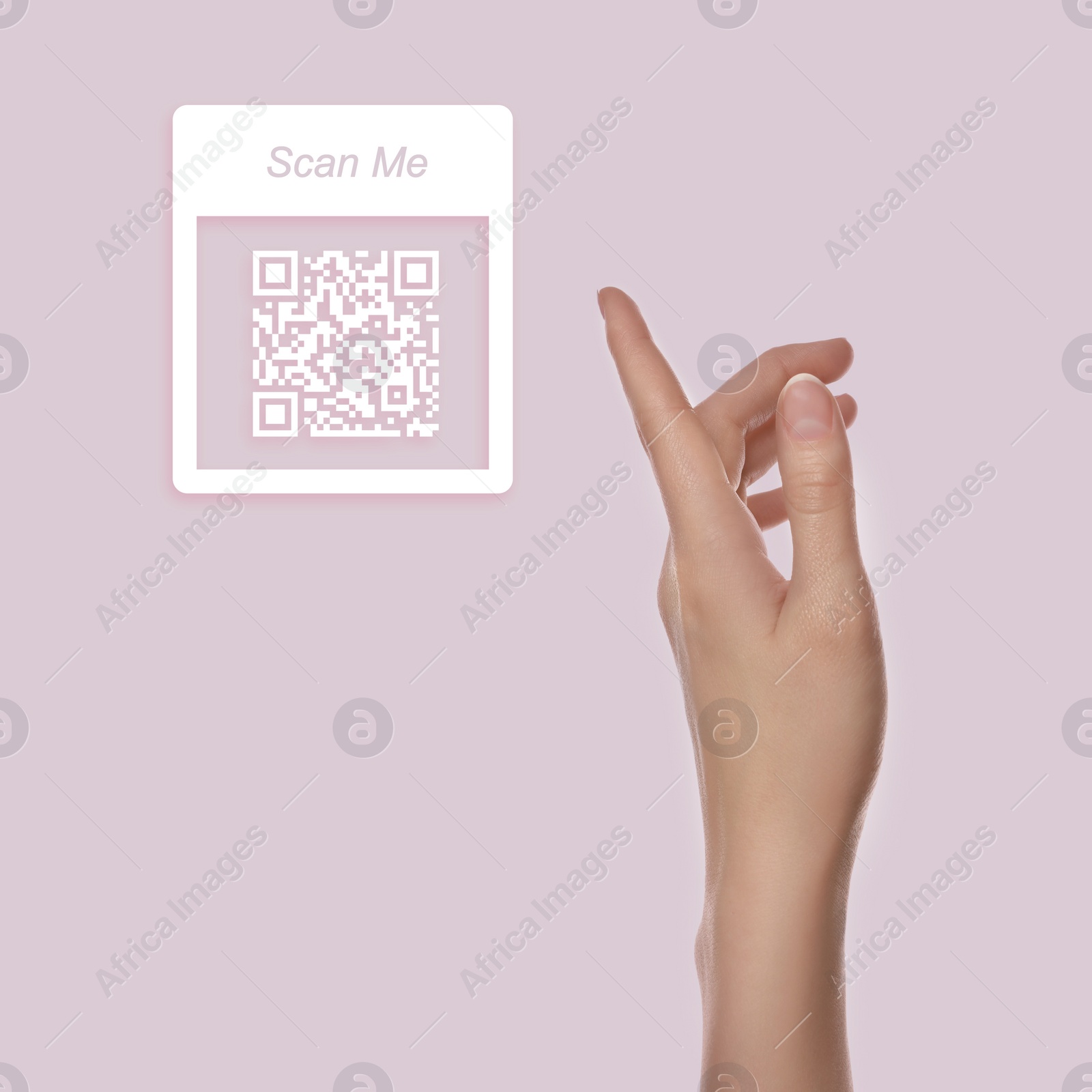 Image of Woman pointing at illustration of QR code on lilac background, closeup