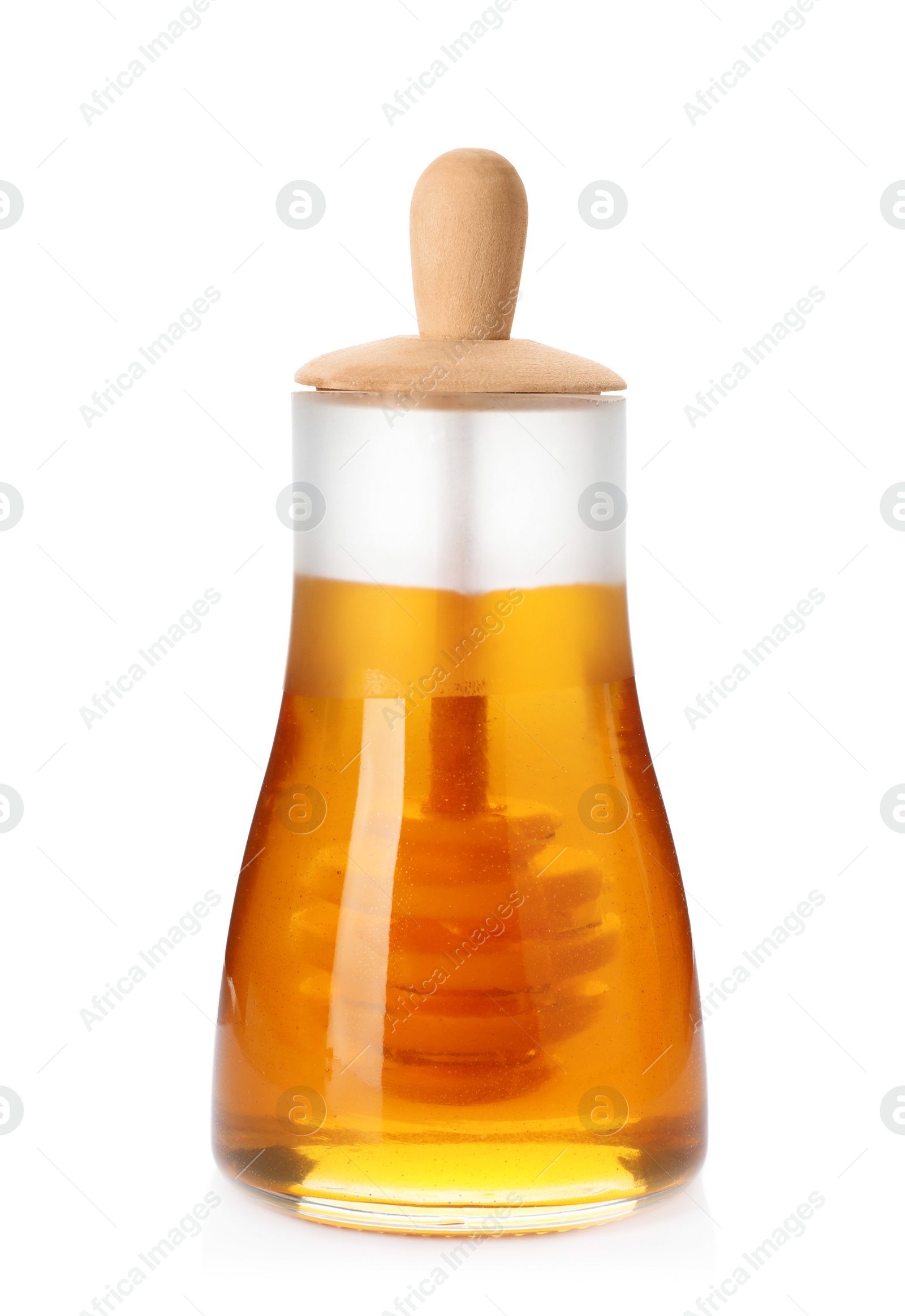 Photo of Jar with delicious honey on white background