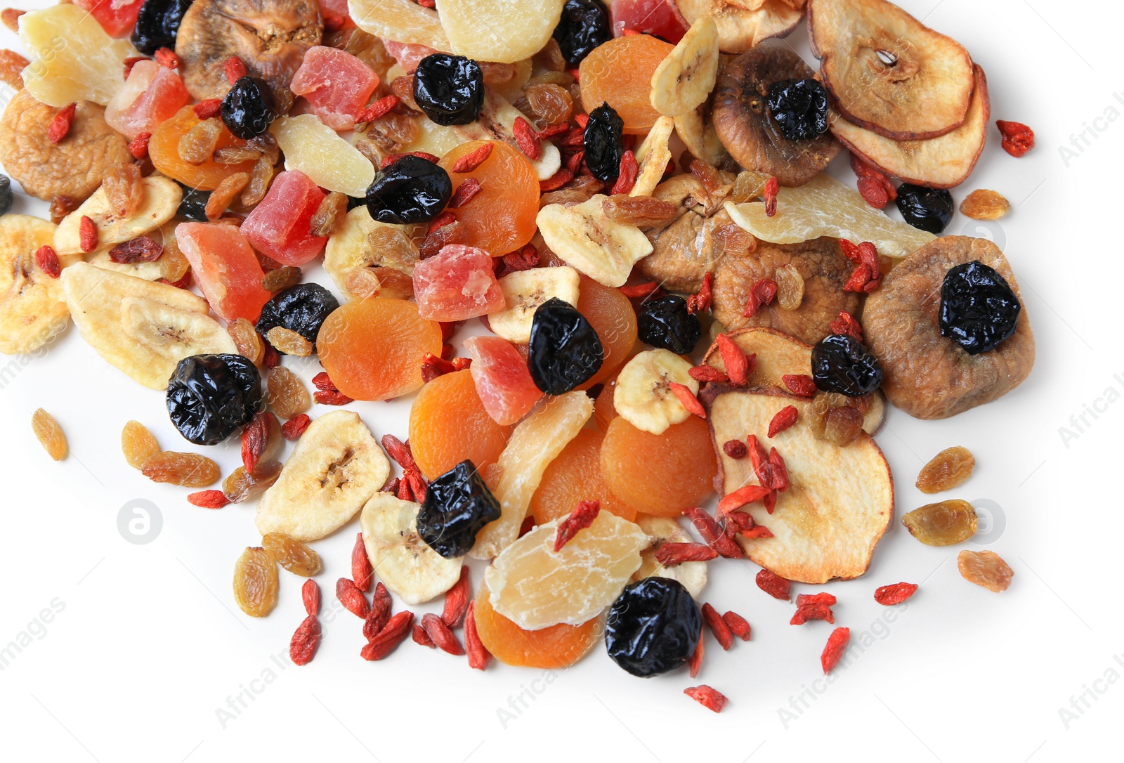 Photo of Pile of different tasty dried fruits on white background, top view