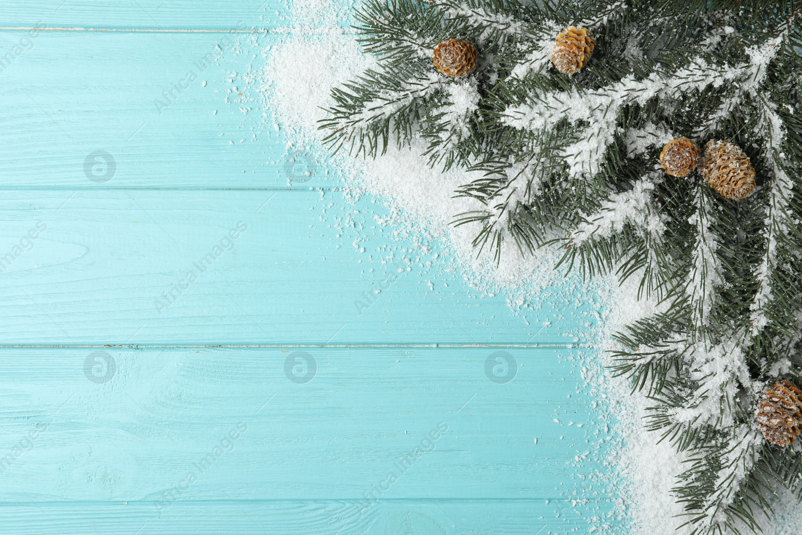 Photo of Top view of fir branches and snow on light blue wooden background, space for text. Winter holidays