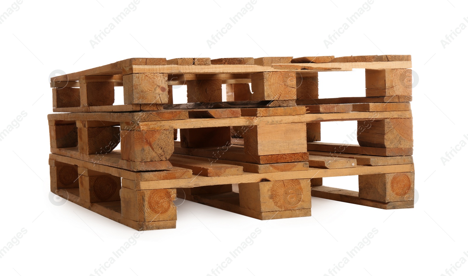 Photo of Stacked wooden pallets isolated on white. Transportation and storage