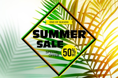 Image of Hot summer sale flyer design with colorful palm leaves on white background