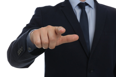 Photo of Businessman touching something against white background, focus on hand