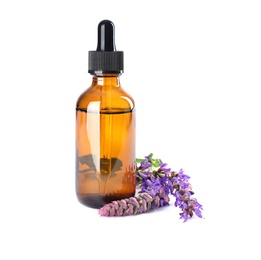 Photo of Bottle of sage essential oil and flowers isolated on white