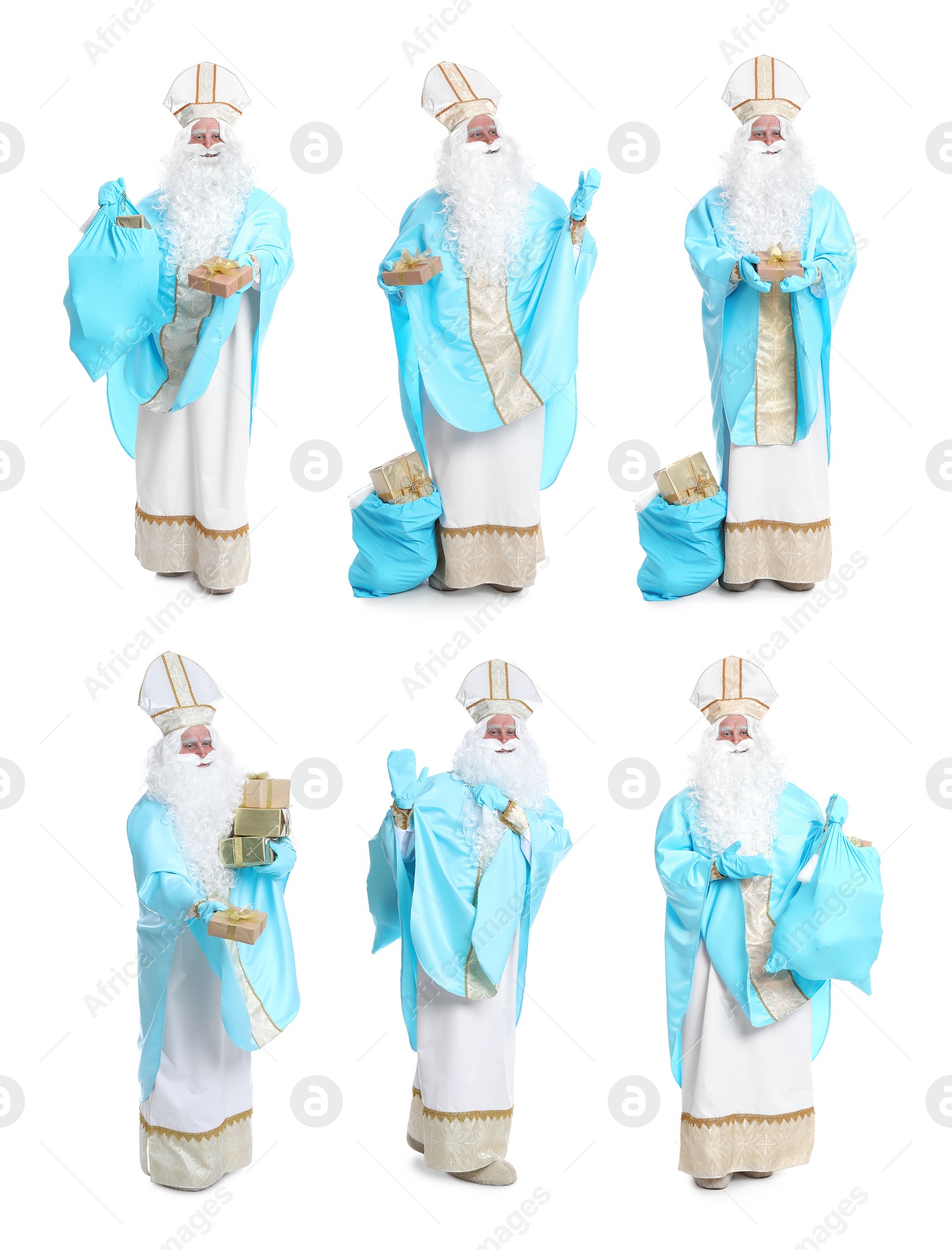 Image of Collage with photos of Saint Nicholas on white background