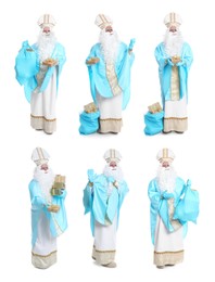 Collage with photos of Saint Nicholas on white background