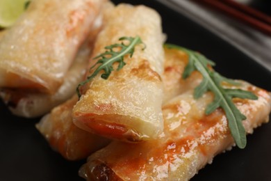Photo of Tasty fried spring rolls with arugula on plate, closeup