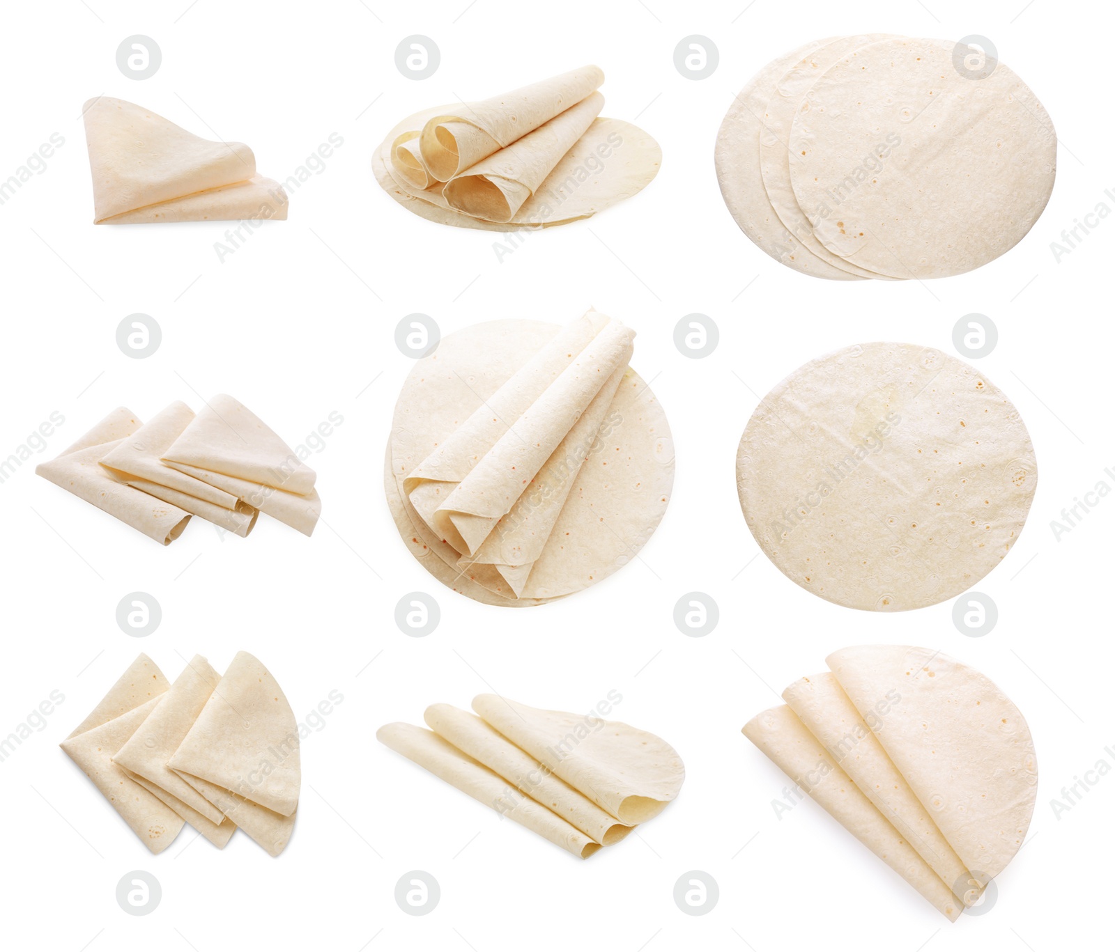 Image of Set with tasty Armenian lavash on white background