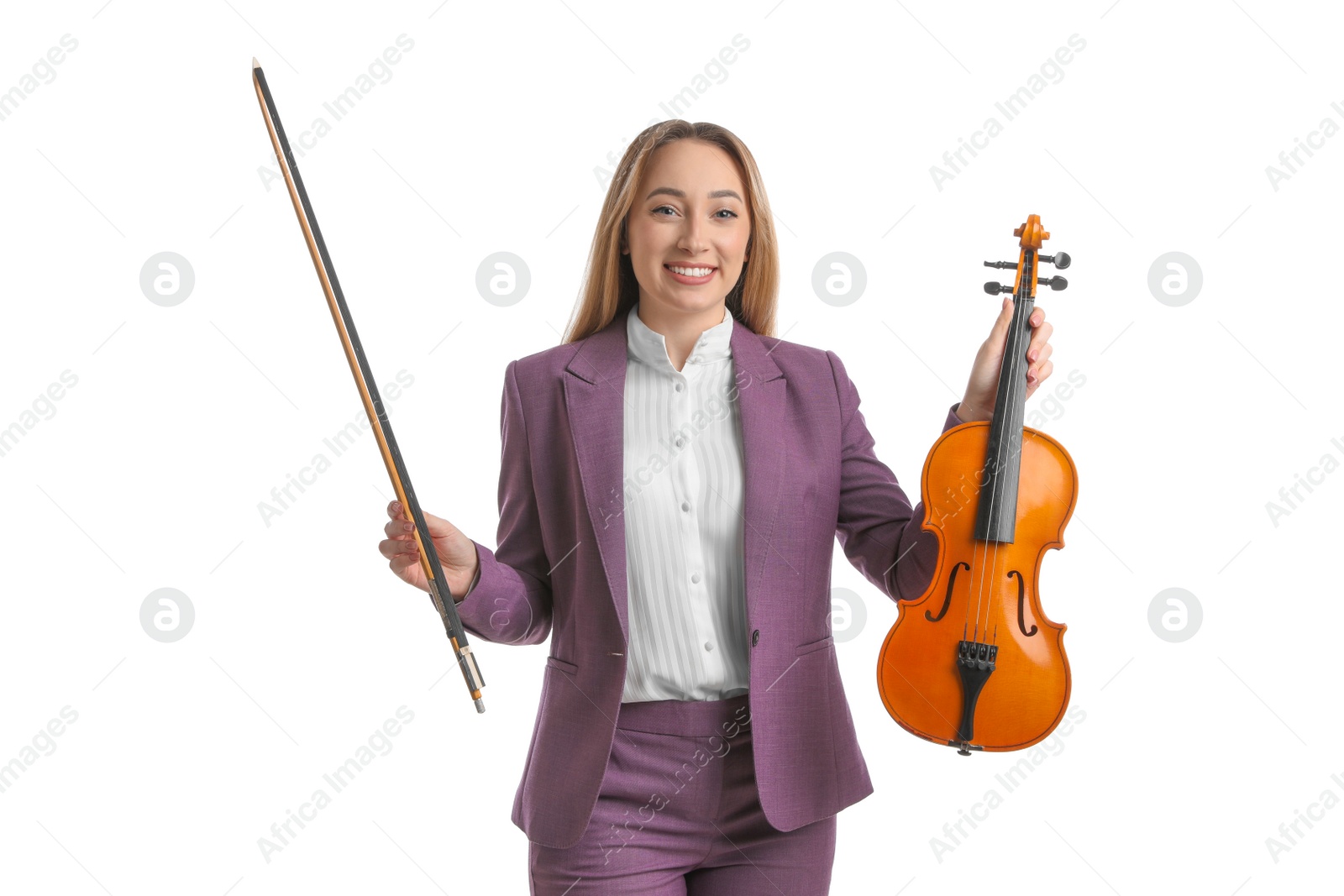 Photo of Woman with violin and bow on white background. Music teacher