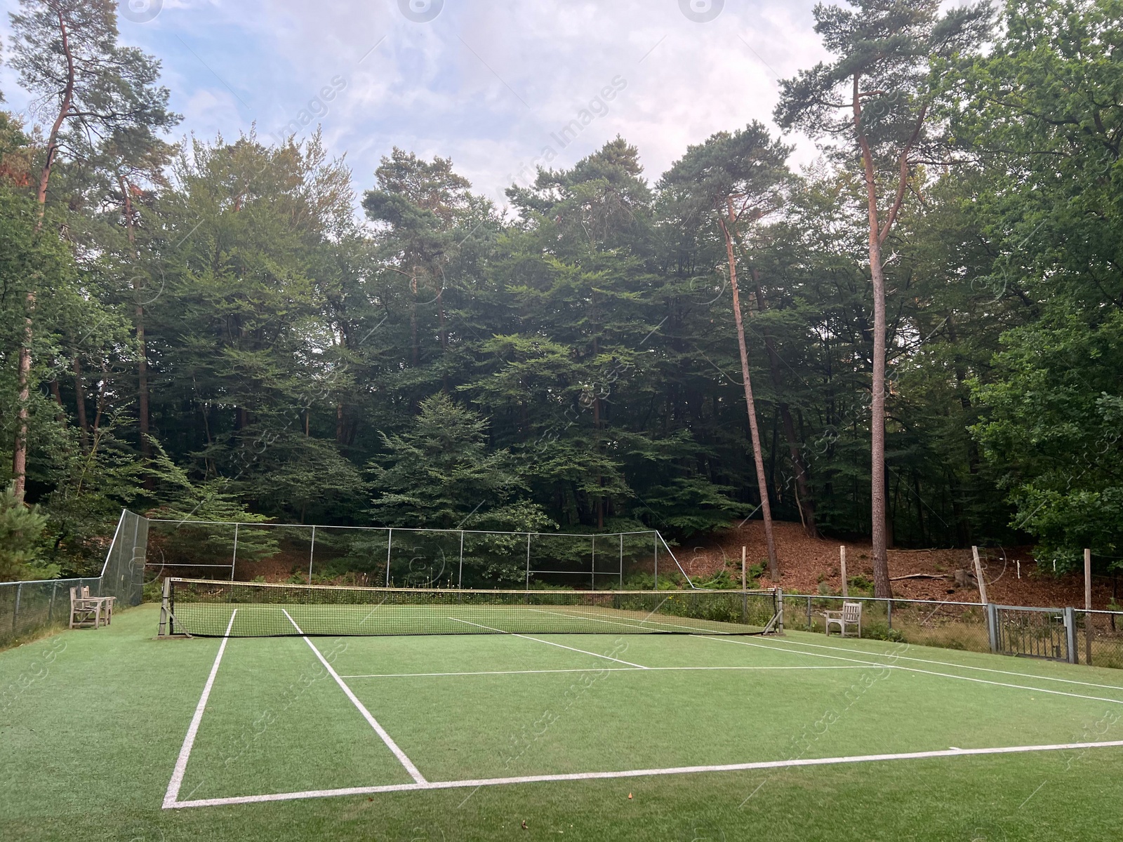 Photo of Tennis court with green grass and net outdoors