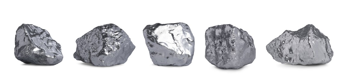 Image of Set of silver nuggets on white background