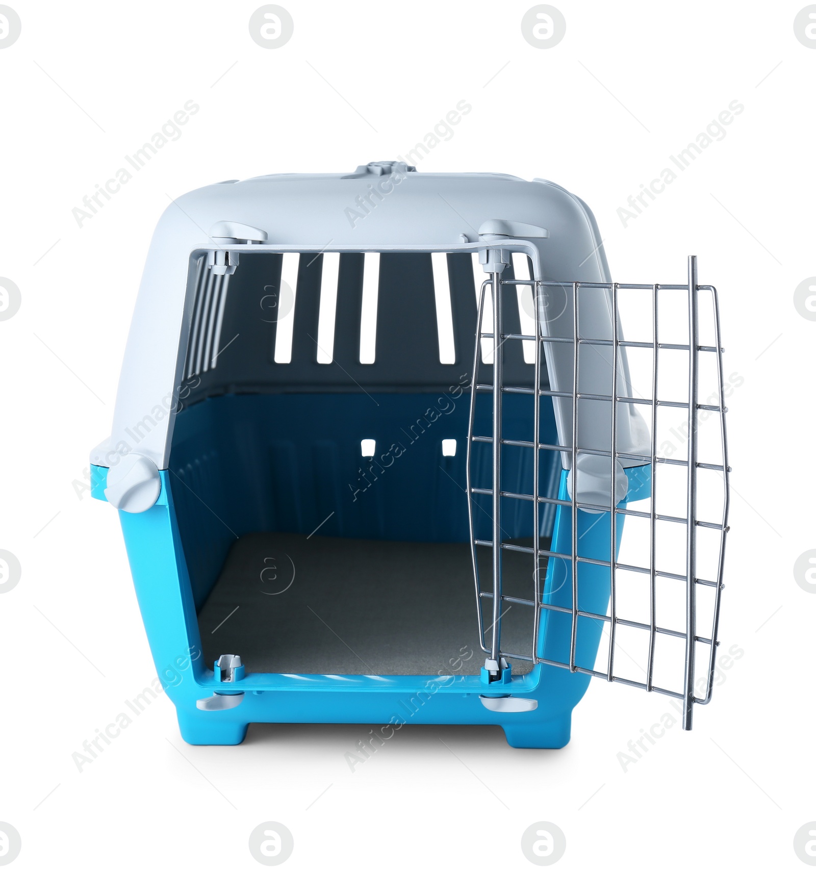 Photo of Light blue pet carrier isolated on white